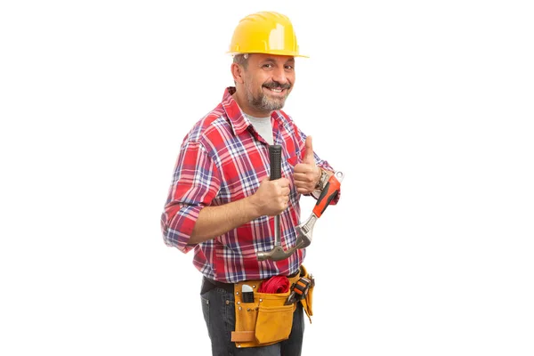 Friendly Constructor Showing Thumb Gesture Holding Hammer Wrench Isolated White — Stock Photo, Image