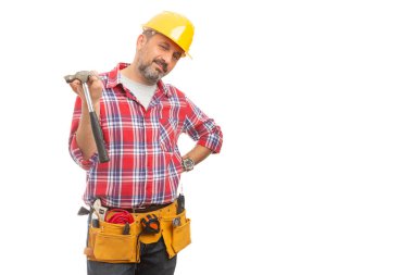 Oluşturucu kaygan ifade çekiç el izole üzerinde beyaz arka plan holding olarak sunulması ile