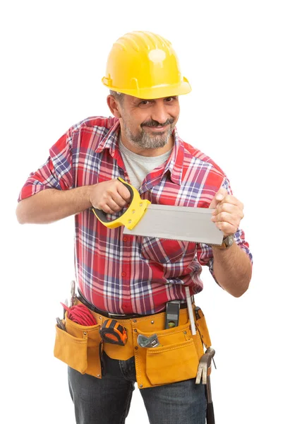 Construtor Sorridente Segurando Tocando Serra Amarela Como Corte Isolado Fundo — Fotografia de Stock