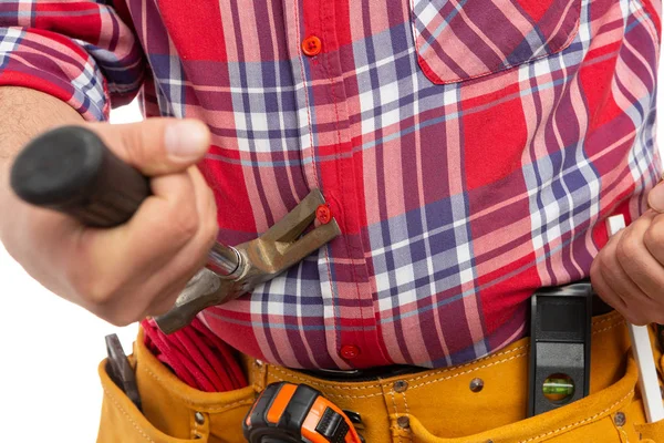 Construtor Puxando Botão Camisa Xadrez Com Garra Martelo Isolado Fundo — Fotografia de Stock