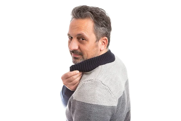 Hombre Mirando Hacia Atrás Como Collar Fijación Preparándose Con Expresión — Foto de Stock
