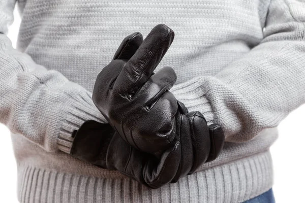 Крупный План Человека Показывающего Средний Палец Спиной Черных Кожаных Перчатках — стоковое фото