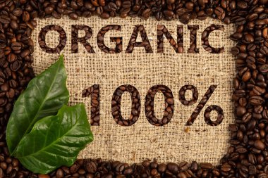 Yüz çuval bezi yüzde organik kahve reklamı dokulu arka planda yeşil yaprakları ile kavrulmuş fasulye çerçeve