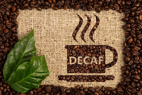 Cup Decaf Text Written Aroma Caffeine Hot Beverage Scattered Coffee — Stock Photo, Image