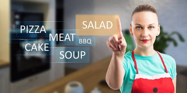 Woman Choosing Salad Food Invisible Display Using Index Finger Touching — Stock Photo, Image