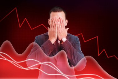 Her iki gözde finansal düşüş kavramı kırmızı kriz zemin üzerine kör olarak elleriyle kapsayan borsa broker