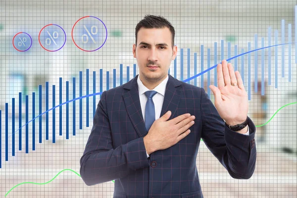 Stock broker doing solemn oath with hand on heart and palm raised on background made out of growing graph