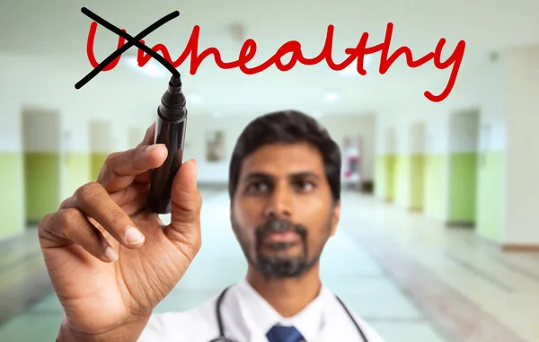 Indian Man Doctor Crossing Black Marker Unhealthy Preposition Transforming Healthy — Stock Photo, Image