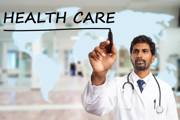Indian Medic Man Drawing Black Marker Line Health Care Text — Stock Photo, Image