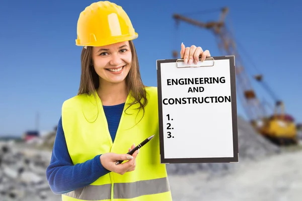 Builder showing clipboard with numbered lis — Stock Photo, Image