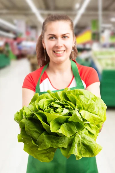 Employee at grocery store holding lettuce — Stock Photo, Image