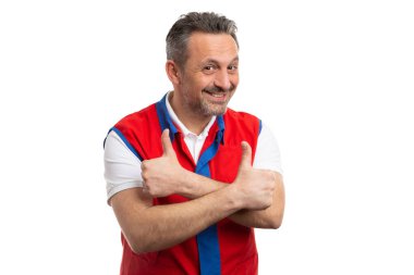 Süpermarket çalışan Çift Kişilik jest ile çapraz kol gibi yapma