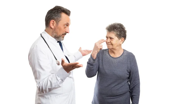 Paciente fazendo observá-lo gesto a médico — Fotografia de Stock