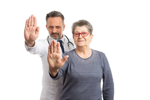 Patient und Arzt halten Handfläche als Geste des Wartens — Stockfoto