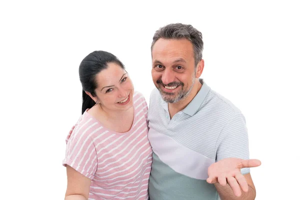 Homem e mulher fazendo gesto acolhedor — Fotografia de Stock