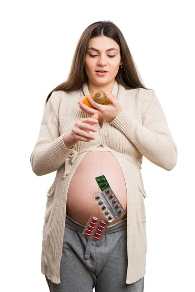 Future Young Mom Looking Fruits Throwing Medicine Health Concept Isolated — Stock Photo, Image