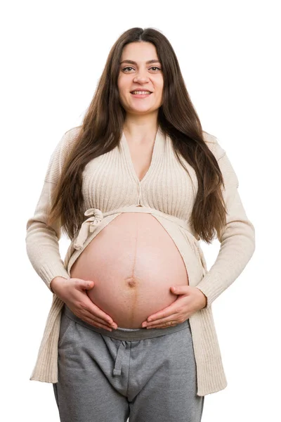 Ung Attraktiv Gravid Kvinna Håller Magen Isolerad Vit Bakgrund Som — Stockfoto