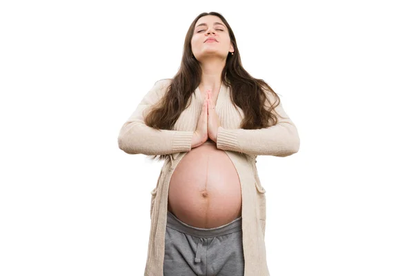 Klidný Budoucí Maminka Dělat Jóga Pozice Izolované Bílém Pozadí Jako — Stock fotografie