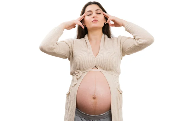 Joven Mujer Embarazada Atractiva Cogida Mano Las Sienes Aisladas Sobre —  Fotos de Stock