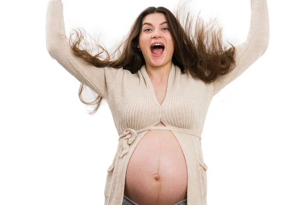 Pregnant Woman Letting Hair Isolated White Background Silly Concept — Stock Photo, Image