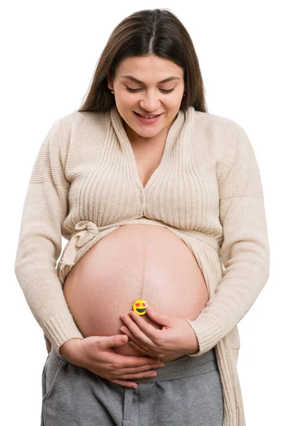 Happy Ciąży Kobieta Trzyma Serca Oczy Emoji Brzuch Izolowane Białym — Zdjęcie stockowe