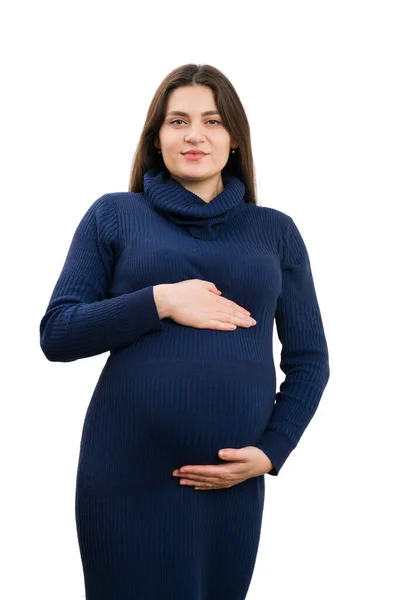 Trotse Zwangere Vrouw Draagt Schildpad Nek Jurk Houdt Haar Buik — Stockfoto