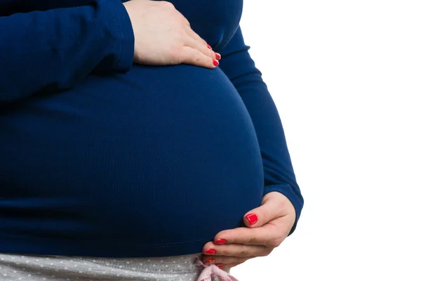 Fecho Mulher Vestindo Roupas Casuais Segurando Barriga Grávida Com Mãos — Fotografia de Stock