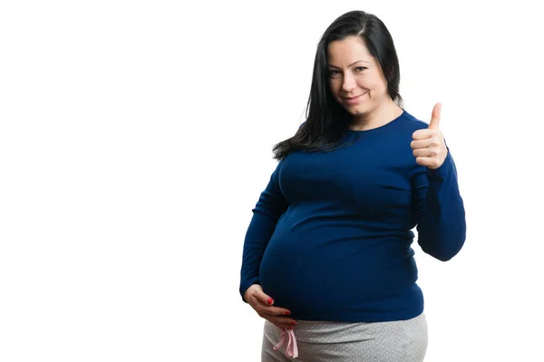 Thumb Gesture Made Smiling Pregnant Woman Touching Belly Copyspace Isolated — Stock Photo, Image