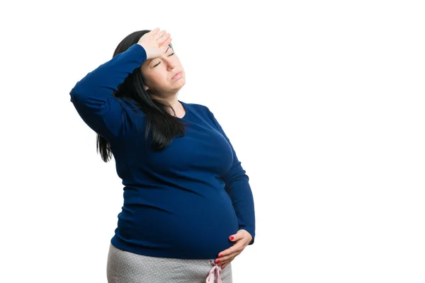 Donna Incinta Con Mal Testa Toccare Fronte Isolata Sfondo Bianco — Foto Stock