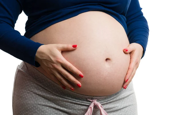 Nahaufnahme Der Zukünftigen Mutter Mit Bauch Isoliert Auf Weißem Hintergrund — Stockfoto
