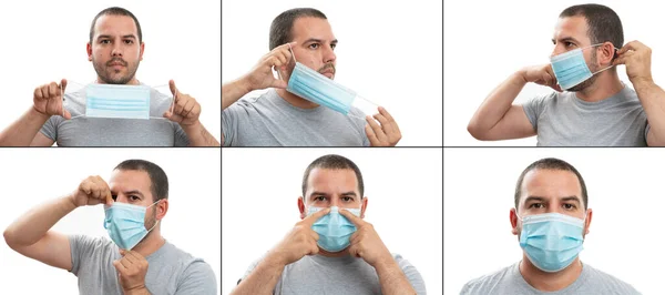 Collage Come Indossare Mascherina Protettiva Chirurgica Medica Che Copre Viso — Foto Stock