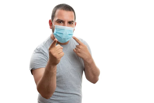 White Adult Male Showing Medical Surgical Covid19 Protection Mask Pointing — Stock Photo, Image