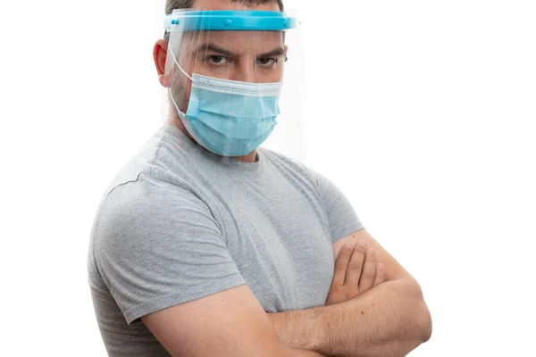 Close Man Making Serious Expression Crossed Arms Wearing Transparent Face — Stock Photo, Image