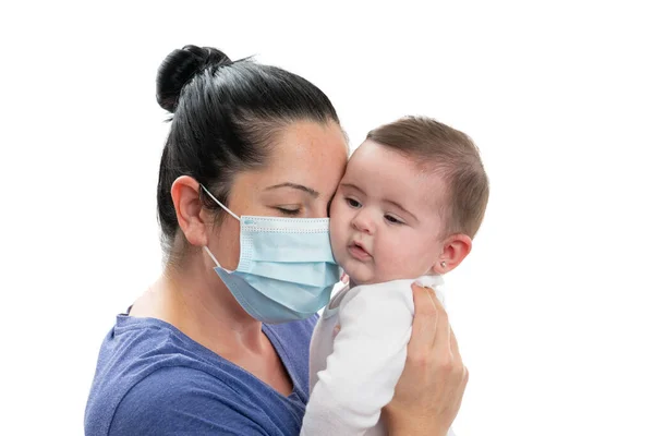 Mother Wearing Medical Surgical Covid19 Influenza Prevention Mask Protect Baby — Stock Photo, Image