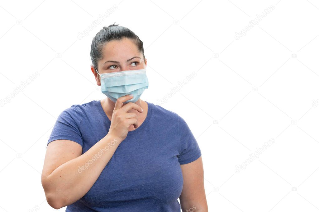 Woman adult making thinking gesture touching chin using index finger wearing surgical protective covid19 mask to prevent sars coronavirus pandemic contamination with blank copyspace isolated on white