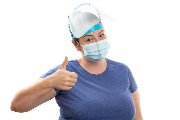 Mulher Adulta Usando Protetor Facial Transparente Máscara Cirúrgica Médica Descartável — Fotografia de Stock