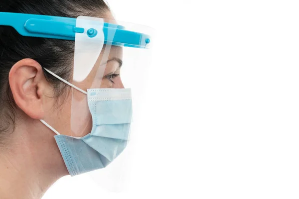 Side View Close Woman Model Wearing Transparent Face Shield Medical Stock Image