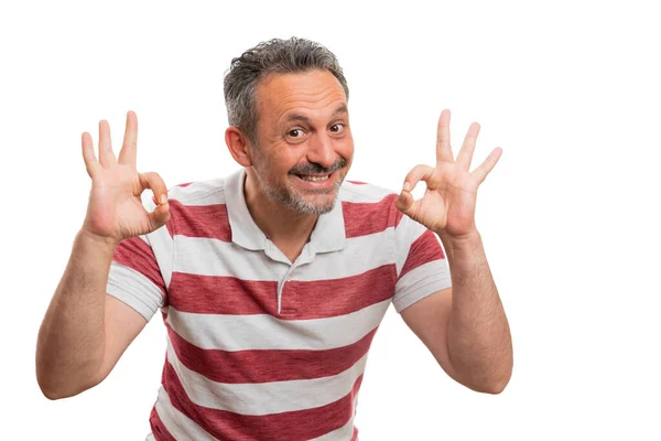 Feliz Hombre Alegre Sonriendo Como Haciendo Doble Signo Bien Aprobar — Foto de Stock