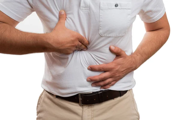 Close Sick Adult Man Model Abdominal Stomach Belly Pain Indigestion — Stock Photo, Image