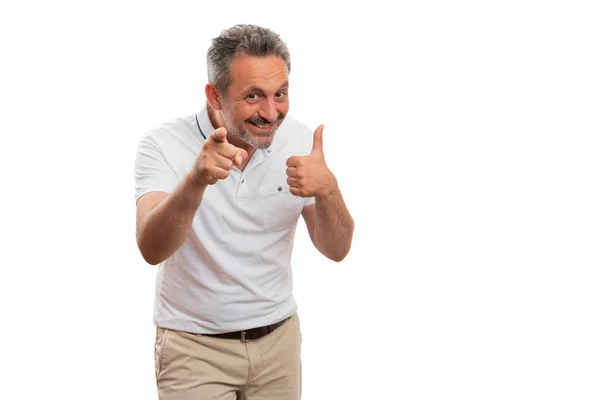 Friendly Adult Man Smiling Pointing Index Finger Camera Making Thumb — ストック写真