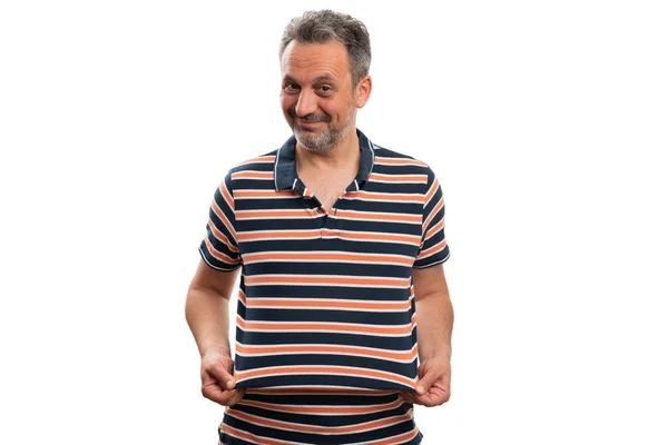 Uomo Adulto Che Presenta Strisce Elegante Shirt Sorridente Espressione Amichevole — Foto Stock