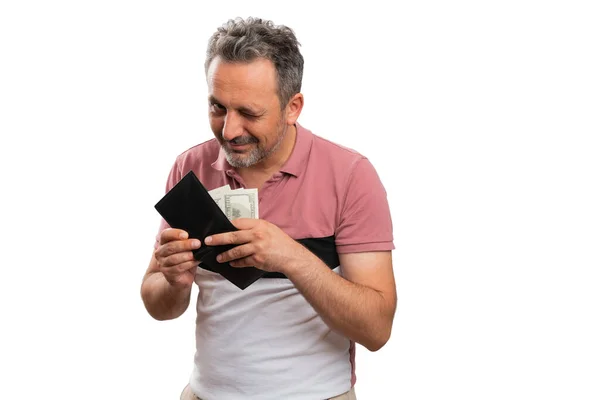 Adult Man Smiling Wink Expression Showing Presenting Cash Banknotes Money — Stock Photo, Image