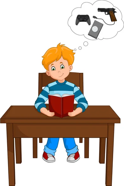 Niño Leyendo Libro Pensando Juegos Sobre Mesa — Archivo Imágenes Vectoriales