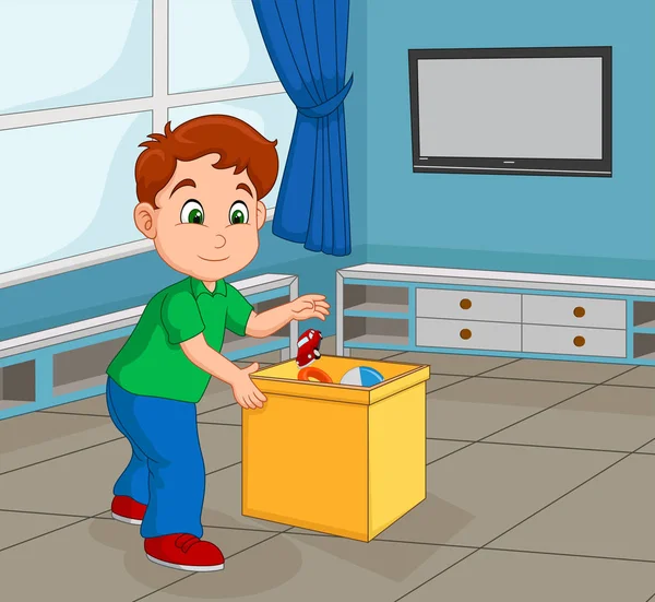 Αγόρι Toddler Μαζεύοντας Παιχνίδι Του Αποθηκεύουν Μέσα Στο Δοχείο — Διανυσματικό Αρχείο