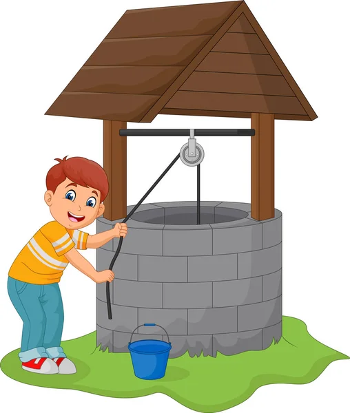 Chico Tomar Agua Pozo — Vector de stock