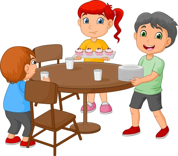动画片孩子设置餐桌通过放置眼镜和食物 — 图库矢量图片