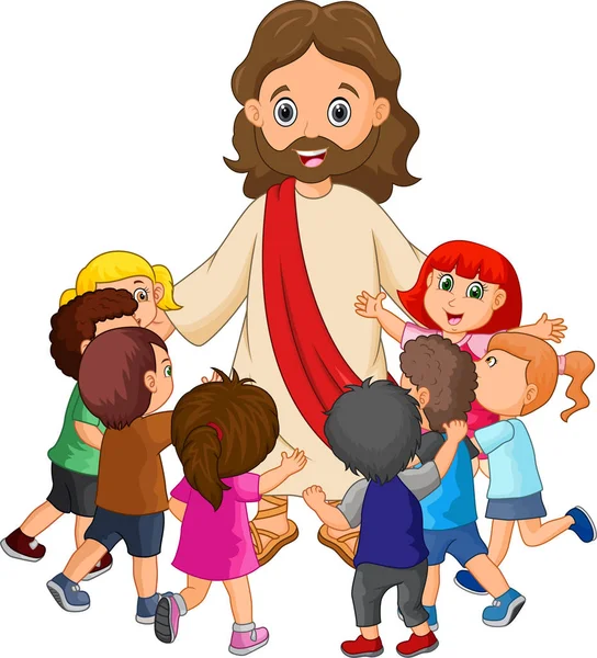 Desenhos Animados Jesus Cristo Sendo Cercado Por Crianças —  Vetores de Stock