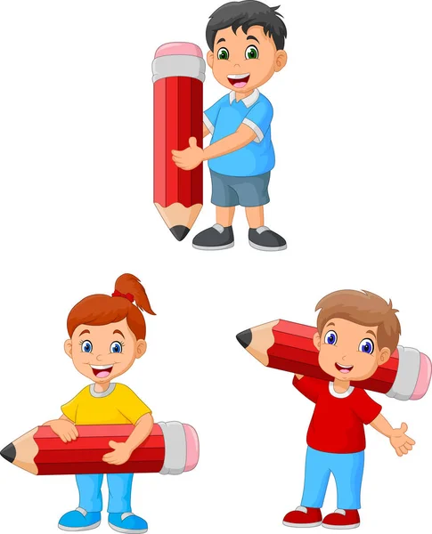 Dibujos Animados Niños Felices Sosteniendo Lápices Grandes — Vector de stock