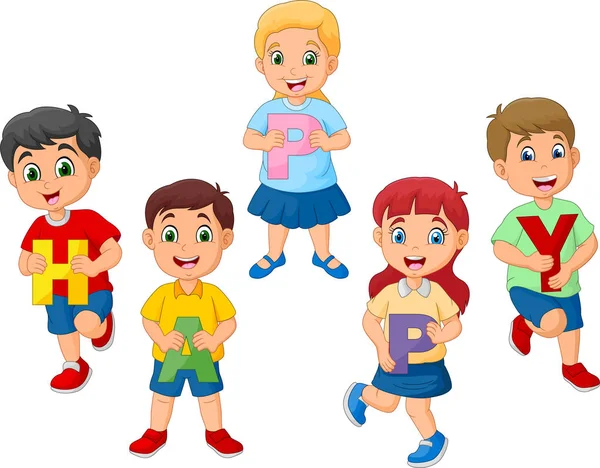 Bambini Dei Cartoni Animati Che Tengono Lettera Con Parola Happy — Vettoriale Stock