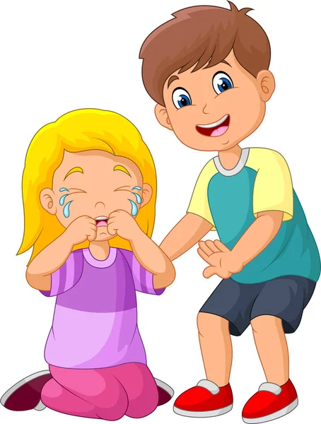 Dibujos Animados Pequeño Niño Consolando Una Niña Llorando — Vector de stock